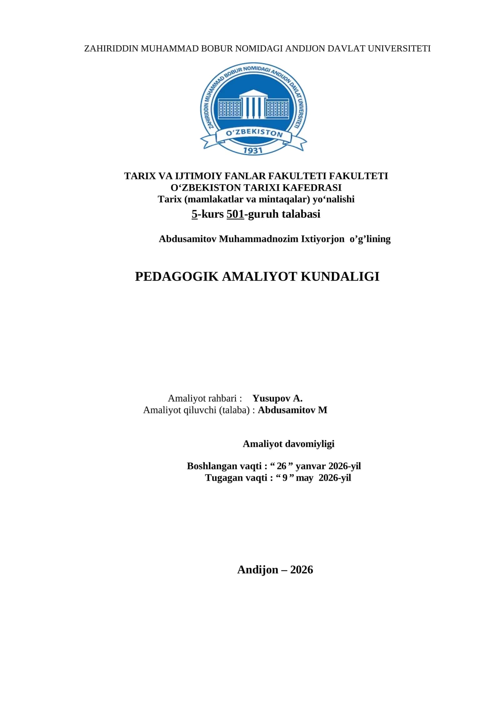 PEDAGOGIK AMALIYOT KUNDALIGI