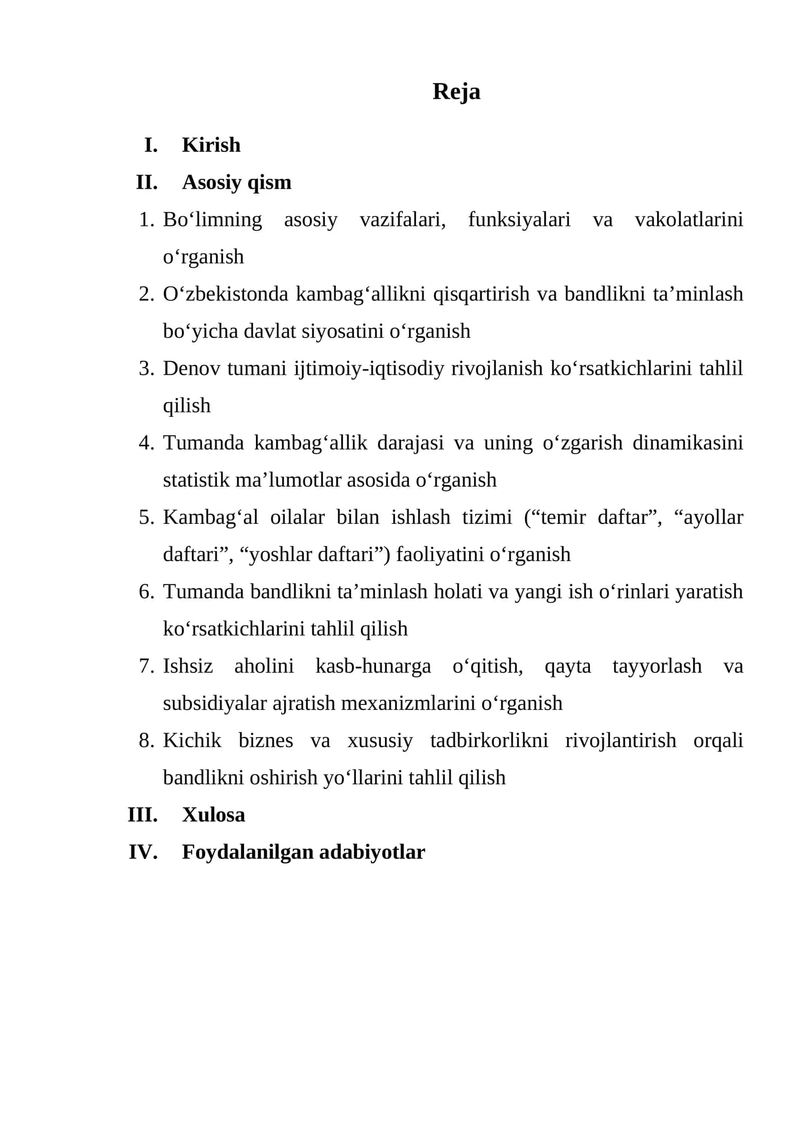kambag‘allikni qisqartirish va bandlikka ko‘maklashish bo‘limi namuna hisobot