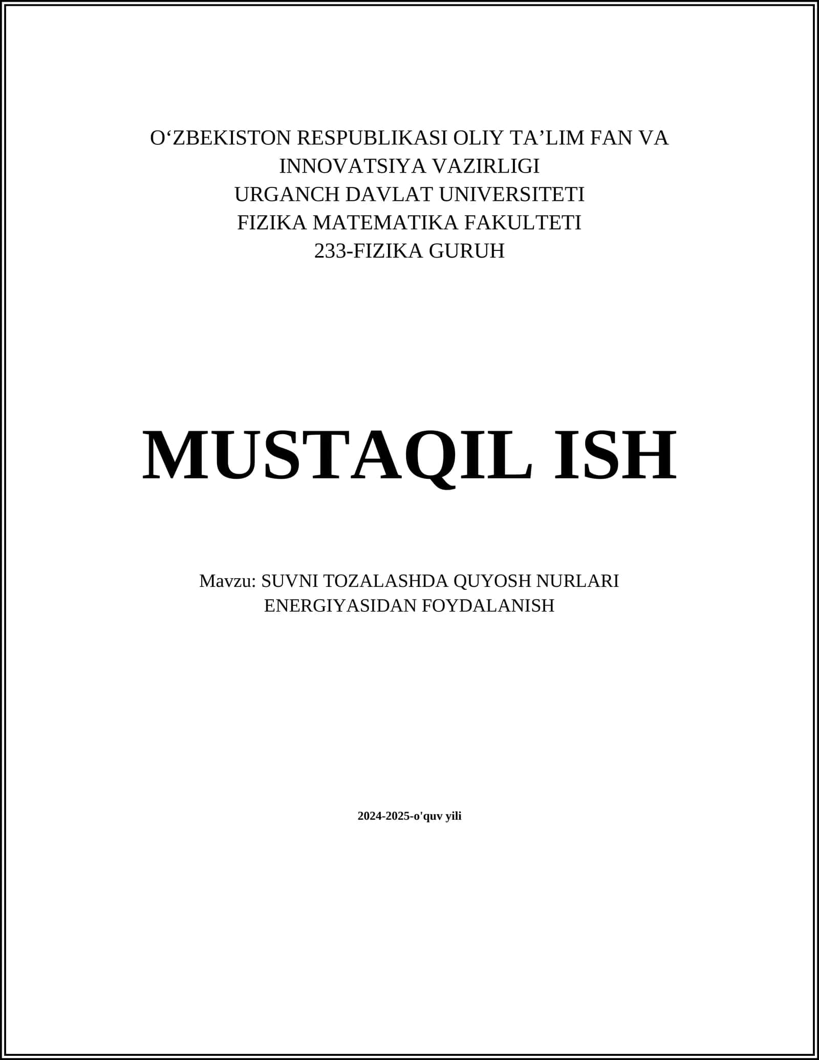 SUVNI TOZALASHDA QUYOSH NURLARI ENERGIYASIDAN FOYDALANISH