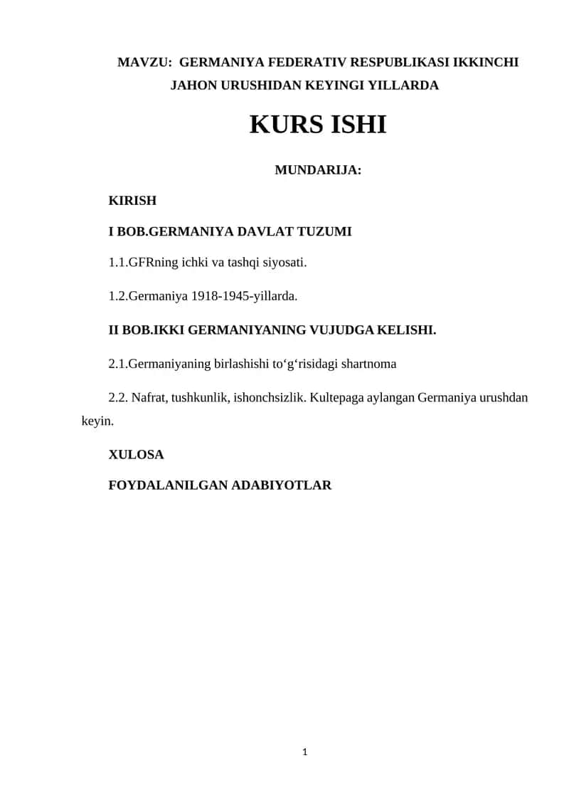 Germaniya Federativ Respublikasi Ikkinchi Jahon Urushidan Keyingi Yillarda Kurs Ishi