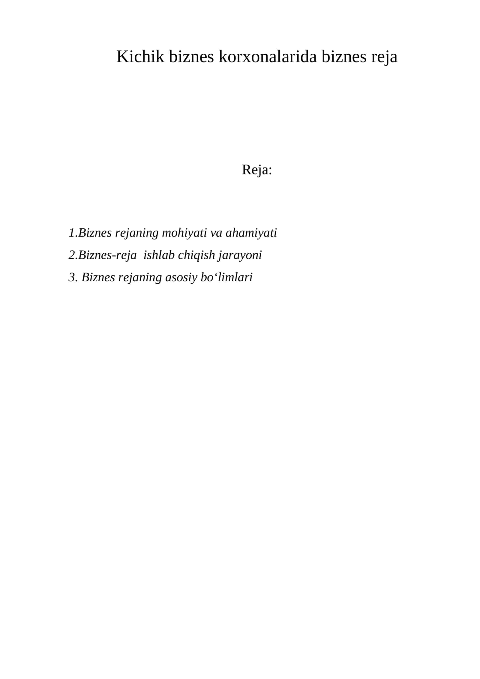 Kichik biznes korxonalarida biznes reja