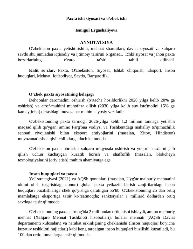 O'zbekiston paxta siyosati