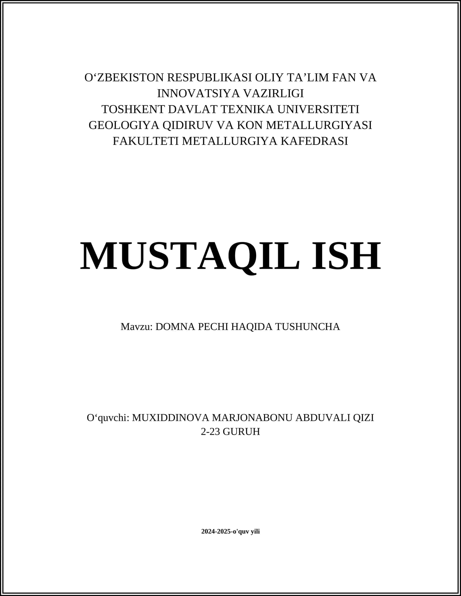 DOMNA PECHI HAQIDA TUSHUNCHA
