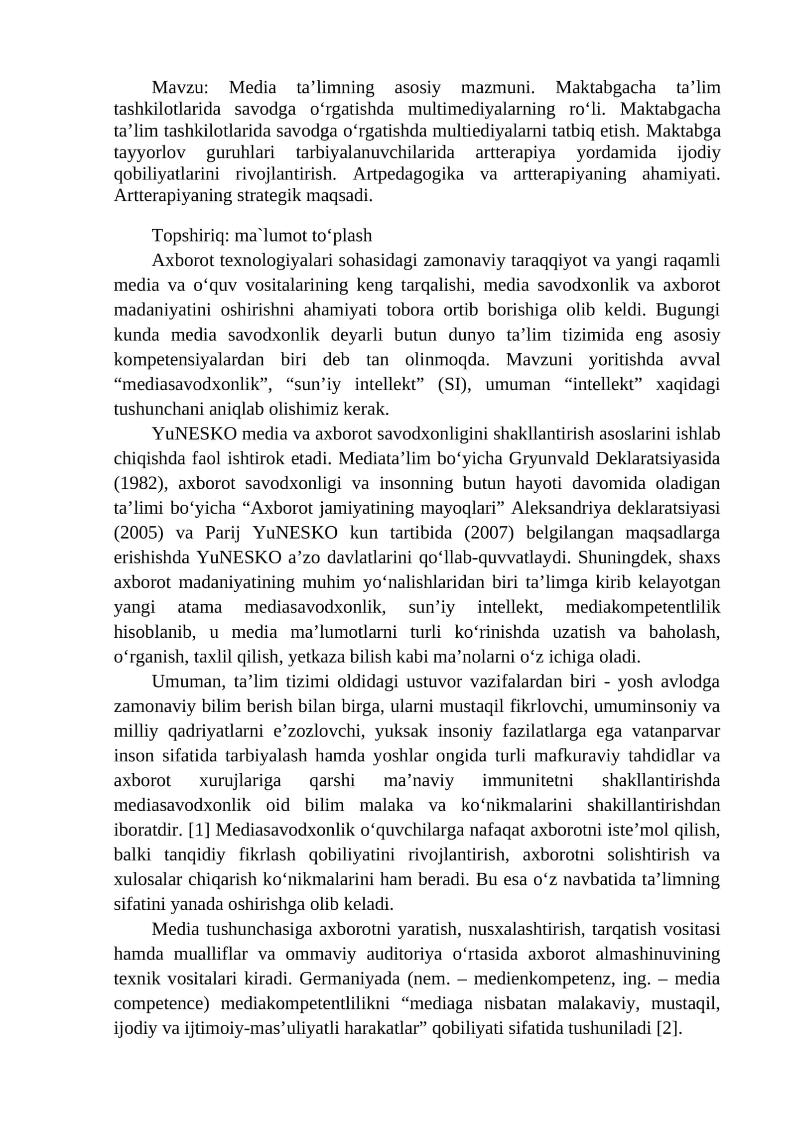 Media ta’limning asosiy mazmuni