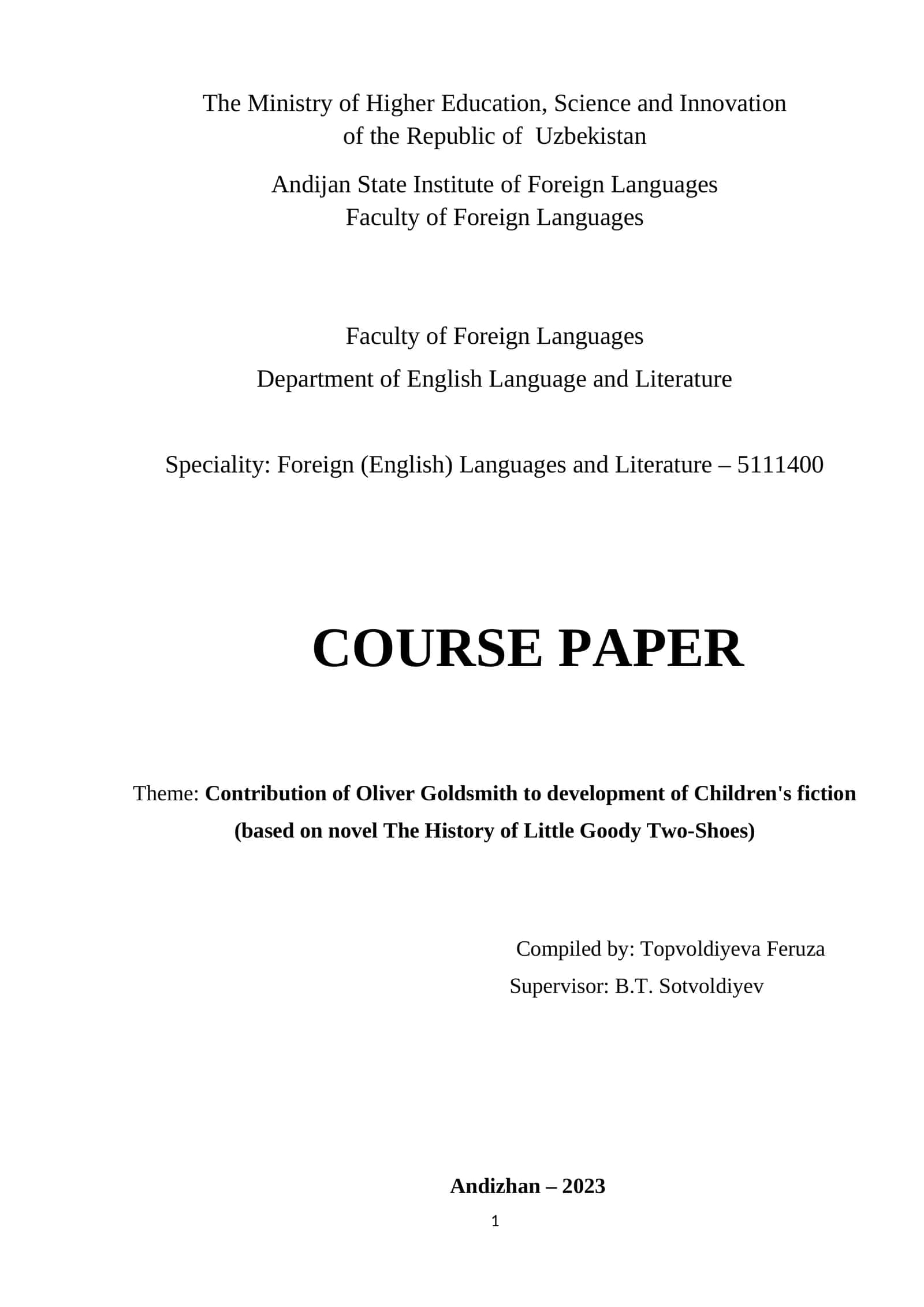 Course Paper: Contribution of Oliver Goldsmith to development of Children's fiction