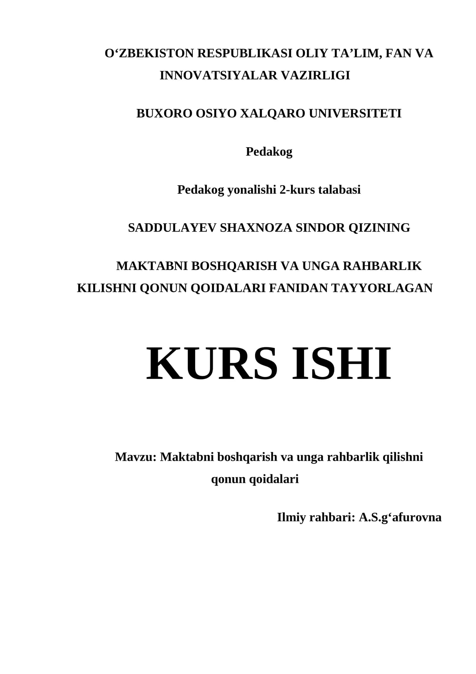 MAKTABNI BOSHQARISH VA UNGA RAHBARLIK QILISHNI QONUN QOIDALARI