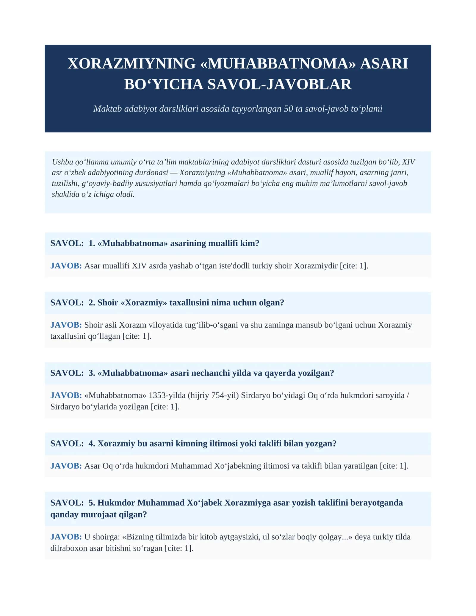 XORAZMIYNING «MUHABBATNOMA» ASARI BOʻYICHA SAVOL-JAVOBLAR Maktab adabiyot darsliklari asosida tayyorlangan 50 ta savol-javob toʻplami