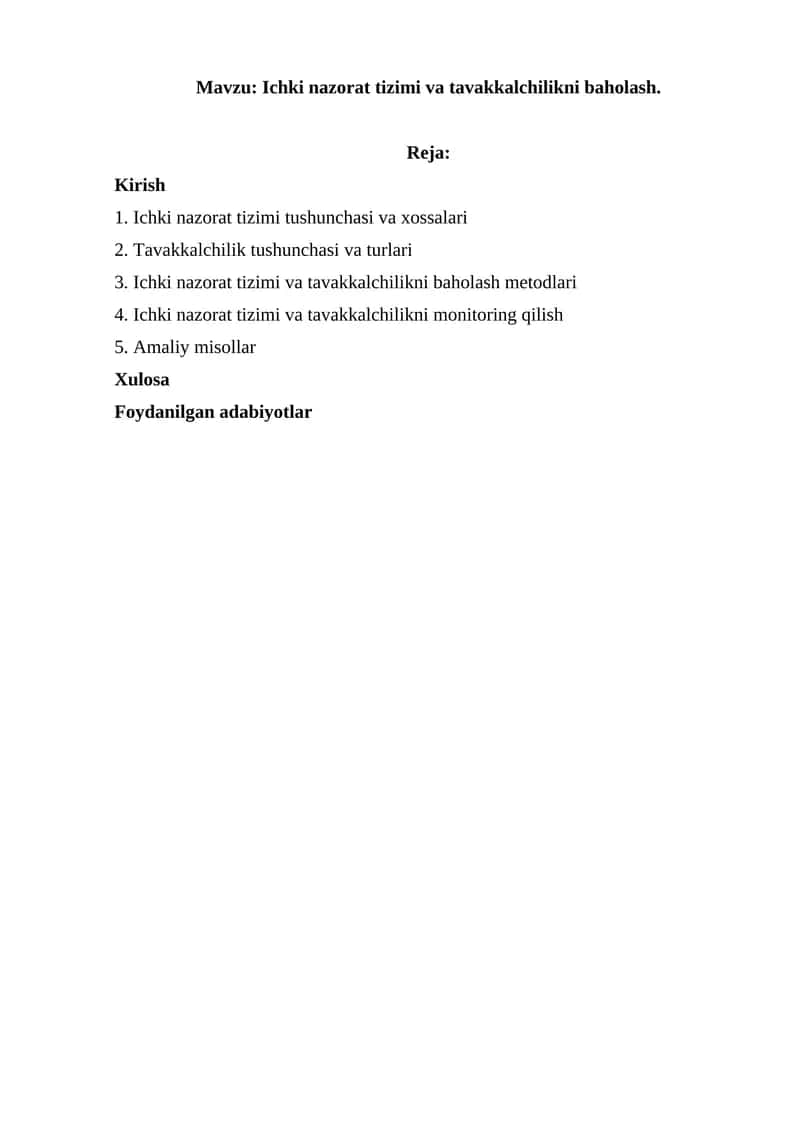 Ichki nazorat tizimi va tavakkalchilikni baholash