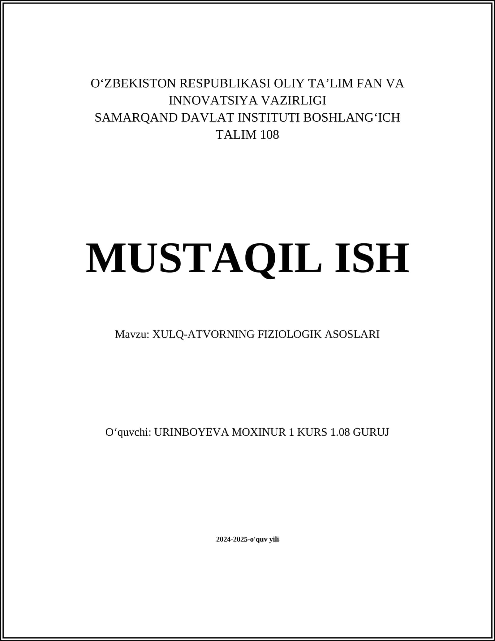 Xulq-Atvorning Fiziologik Asoslari