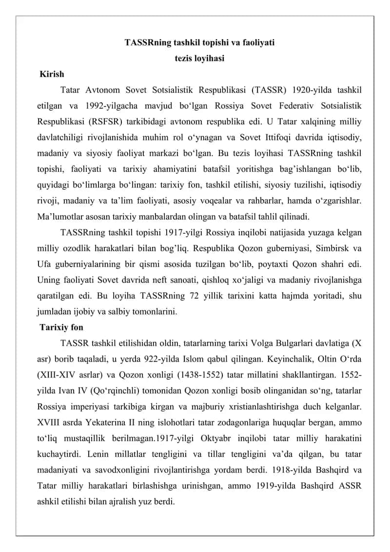 TASSRning tashkil topishi va faoliyati tezis loyihasi