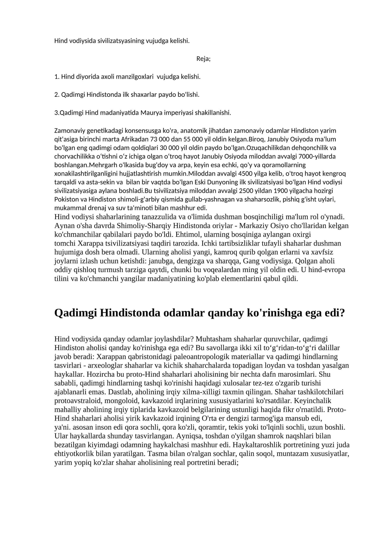 Hind vodiysida sivilizatsiyasining vujudga kelishi