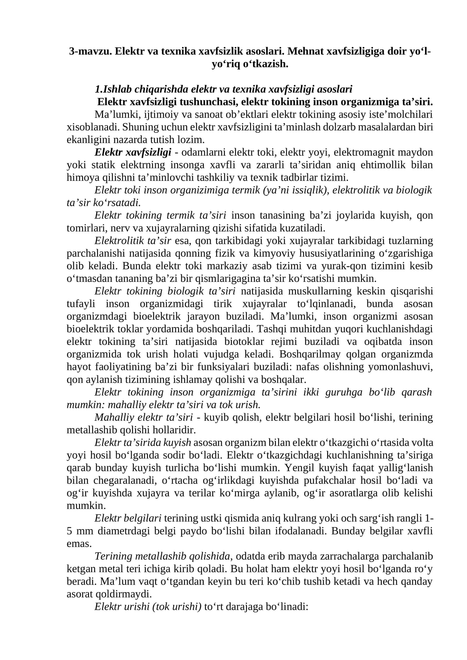 Elektr va texnika xavfsizlik asoslari