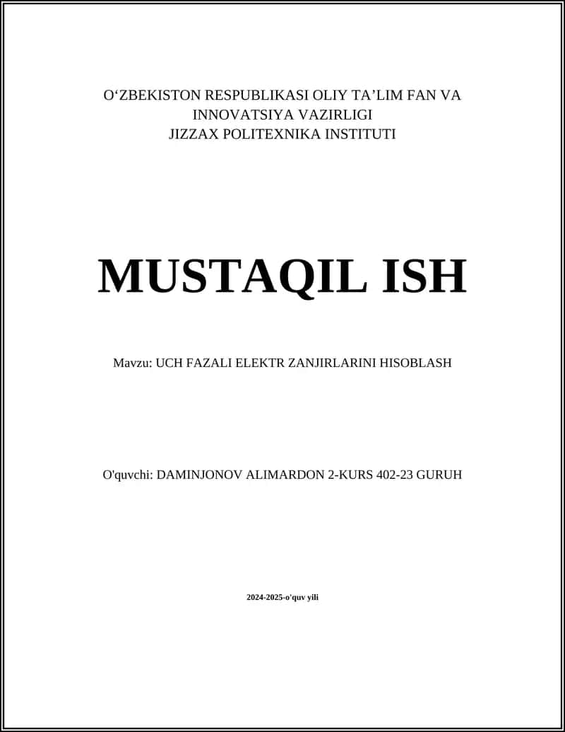 UCH FAZALI ELEKTR ZANJIRLARINI HISOBLASH