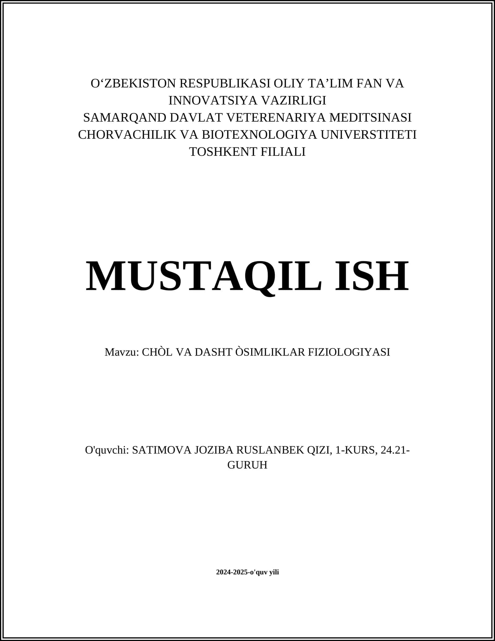CHÒL VA DASHT ÒSIMLIKLAR FIZIOLOGIYASI
