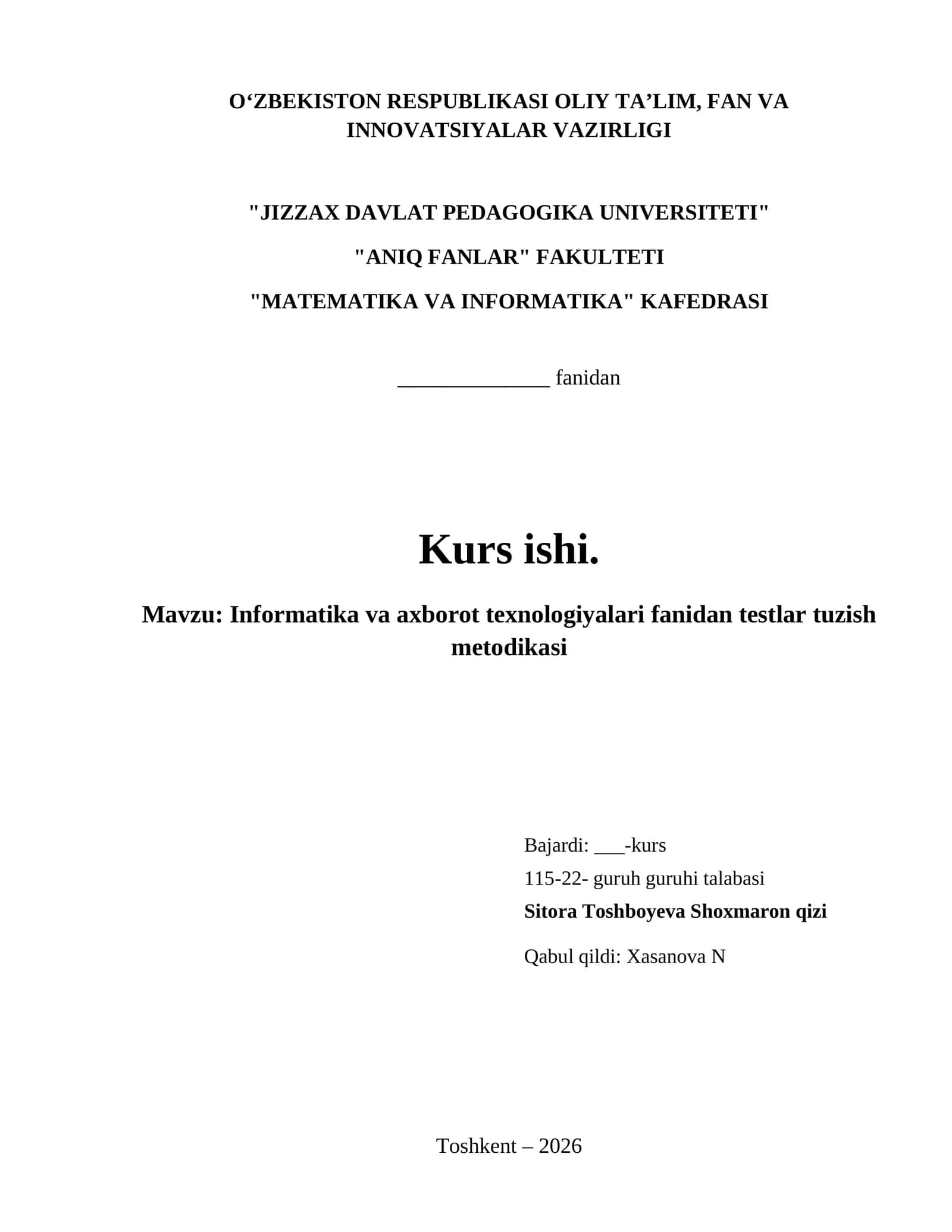 Informatika va axborot texnologiyalari fanidan testlar tuzish metodikasi