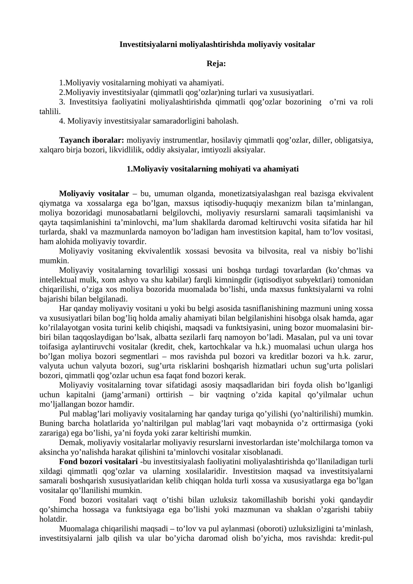 Investitsiyalarni moliyalashtirishda moliyaviy vositalar
