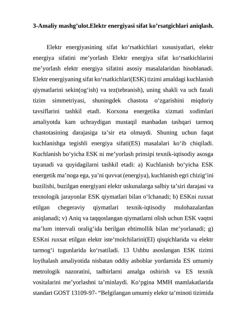 3-Amaliy mashg’ulot.Elektr energiyasi sifat ko’rsatgichlari aniqlash.