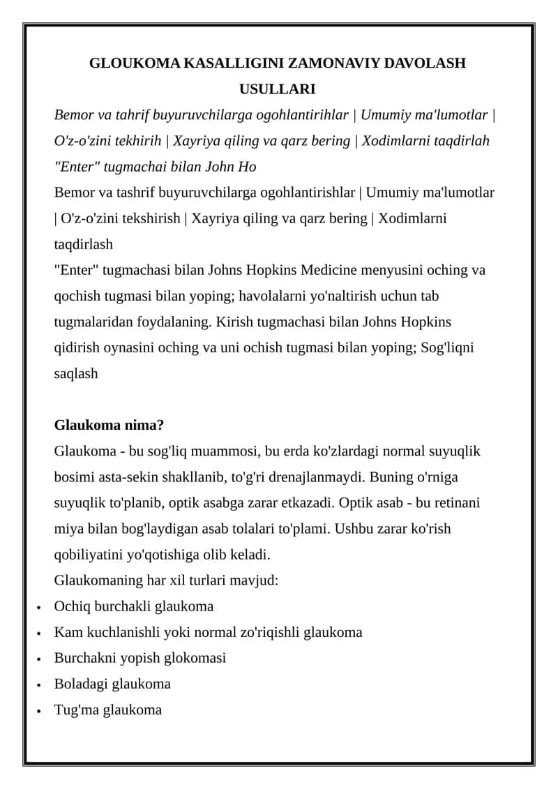 Glaukoma Kasalligini Zamonaviy Davolash Usullari
