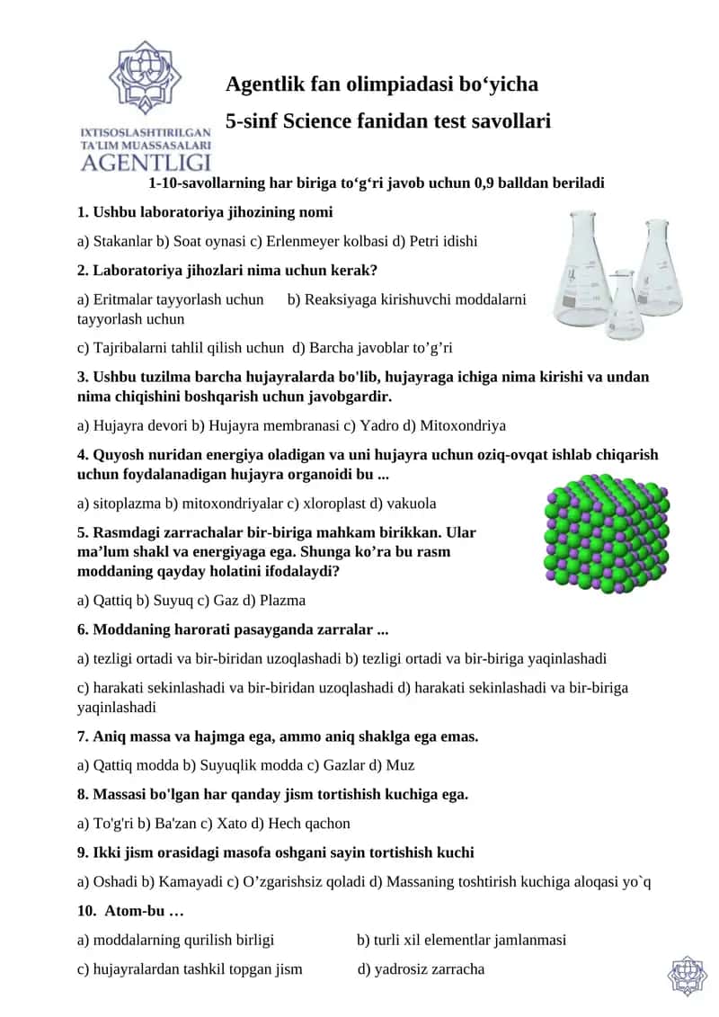 5-sinf Science fanidan test savollari
