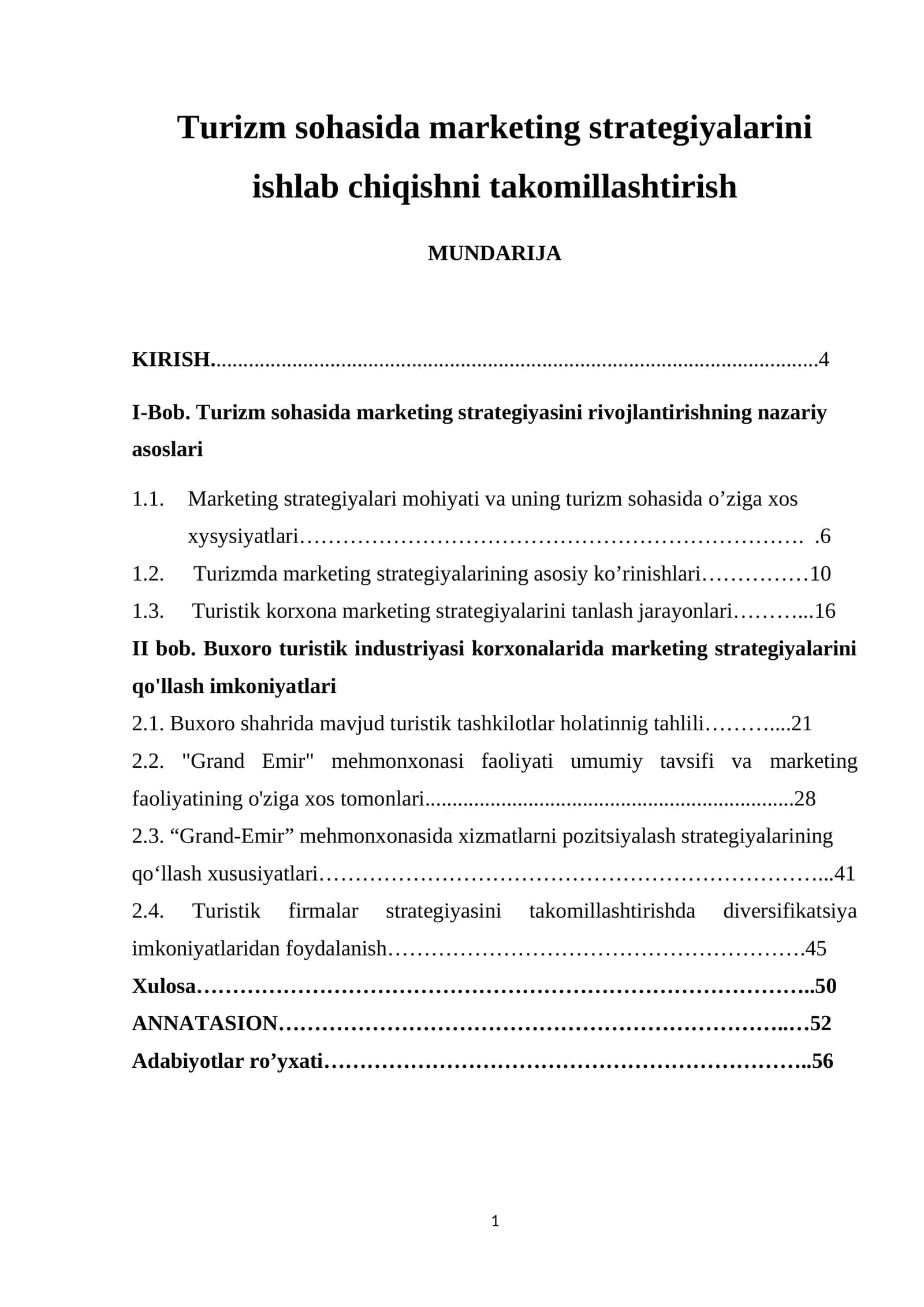 Turizm sohasida marketing strategiyalarini ishlab chiqishni takomillashtirish