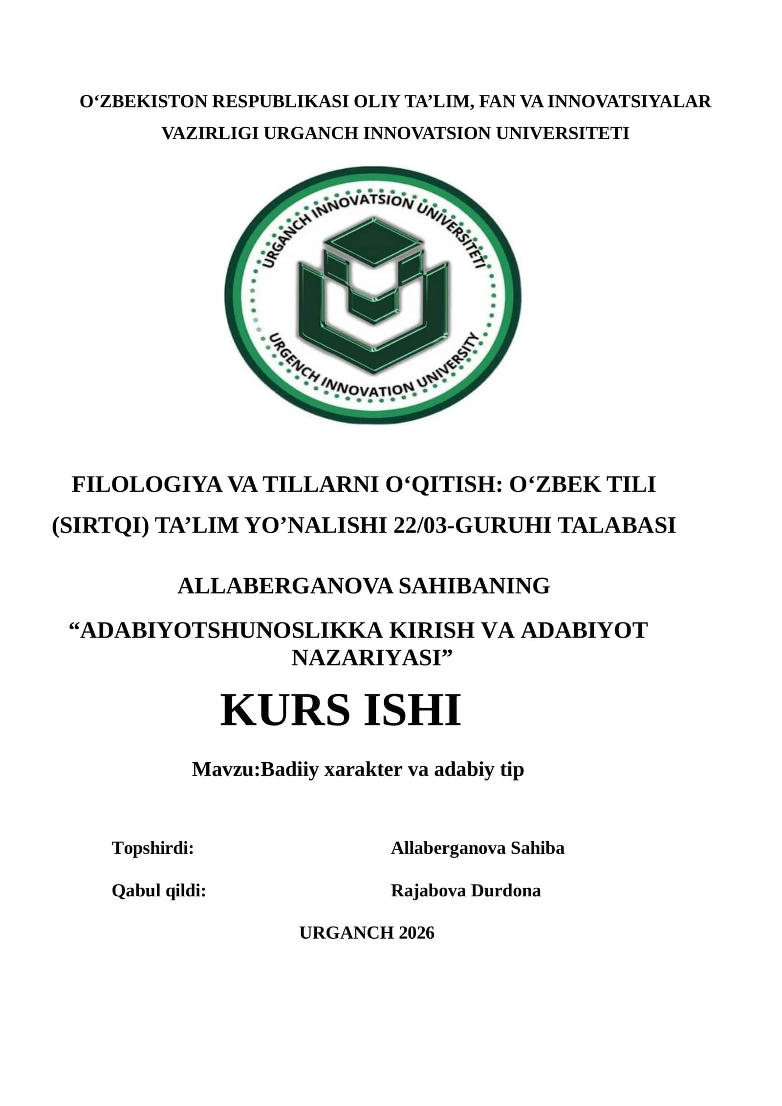KURS ISHI "ADABIYOTSHUNOSLIKKA KIRISH VA ADABIYOT NAZARIYASI"