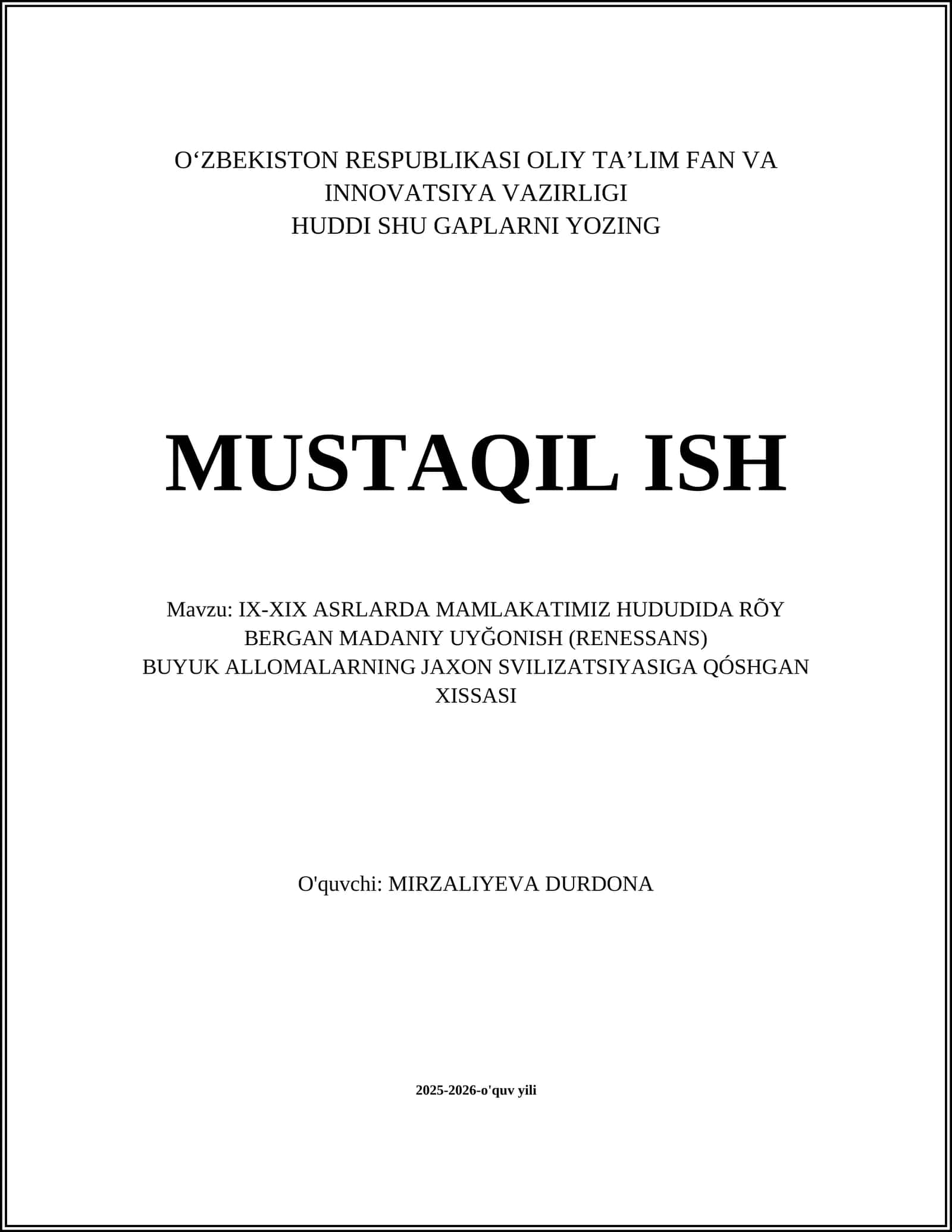 IX-XIX ASRLARDA MAMLAKATIMIZ HUDUDIDA RÕY BERGAN MADANIY UYĞONISH (RENESSANS)