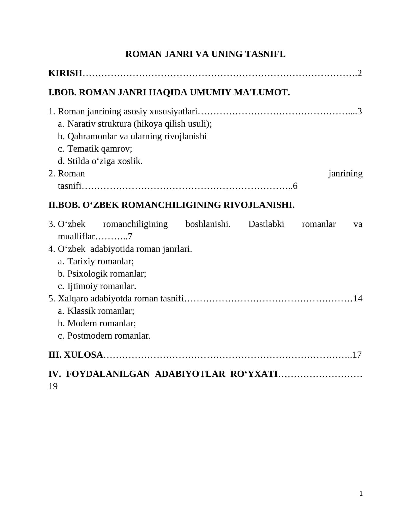 Roman janri va uning tasnifi