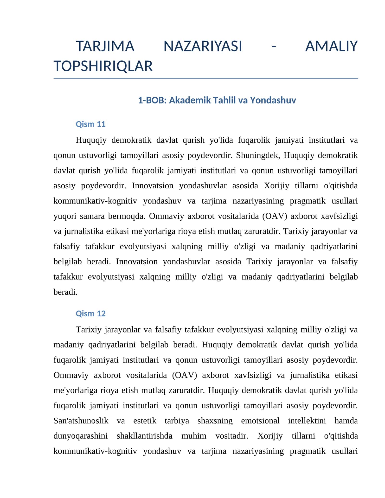 TARJIMA NAZARIYASI - AMALIY TOPSHIRIQLAR