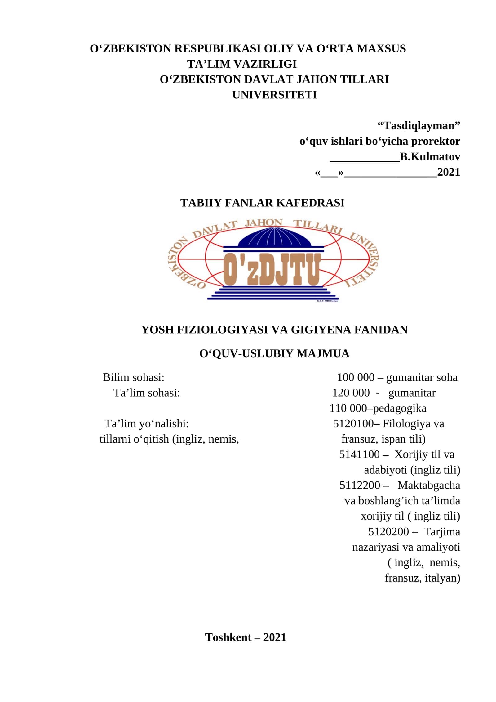 YOSH FIZIOLOGIYASI VA GIGIYENA FANIDAN O‘QUV-USLUBIY MAJMUA