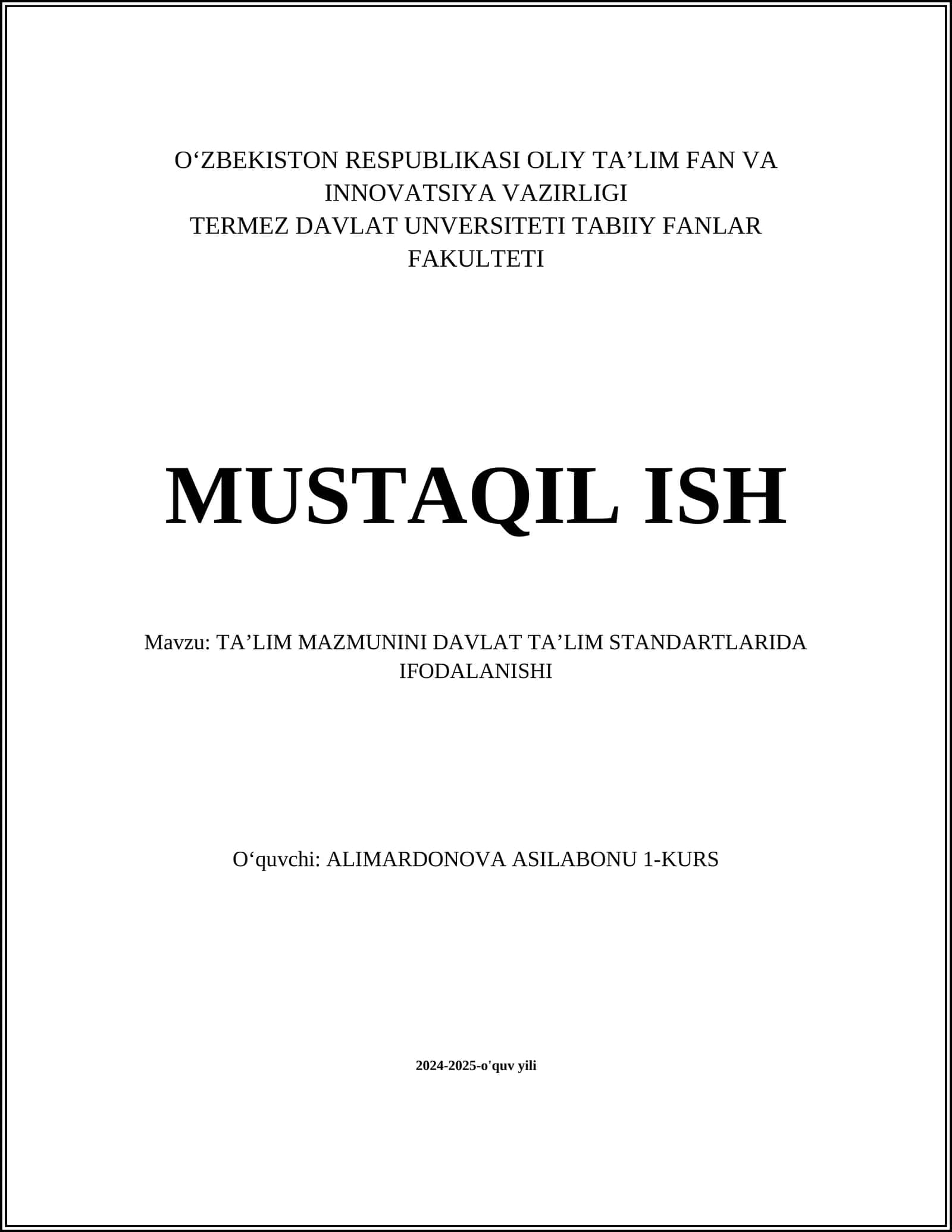 TA’LIM MAZMUNINI DAVLAT TA’LIM STANDARTLARIDA IFODALANISHI