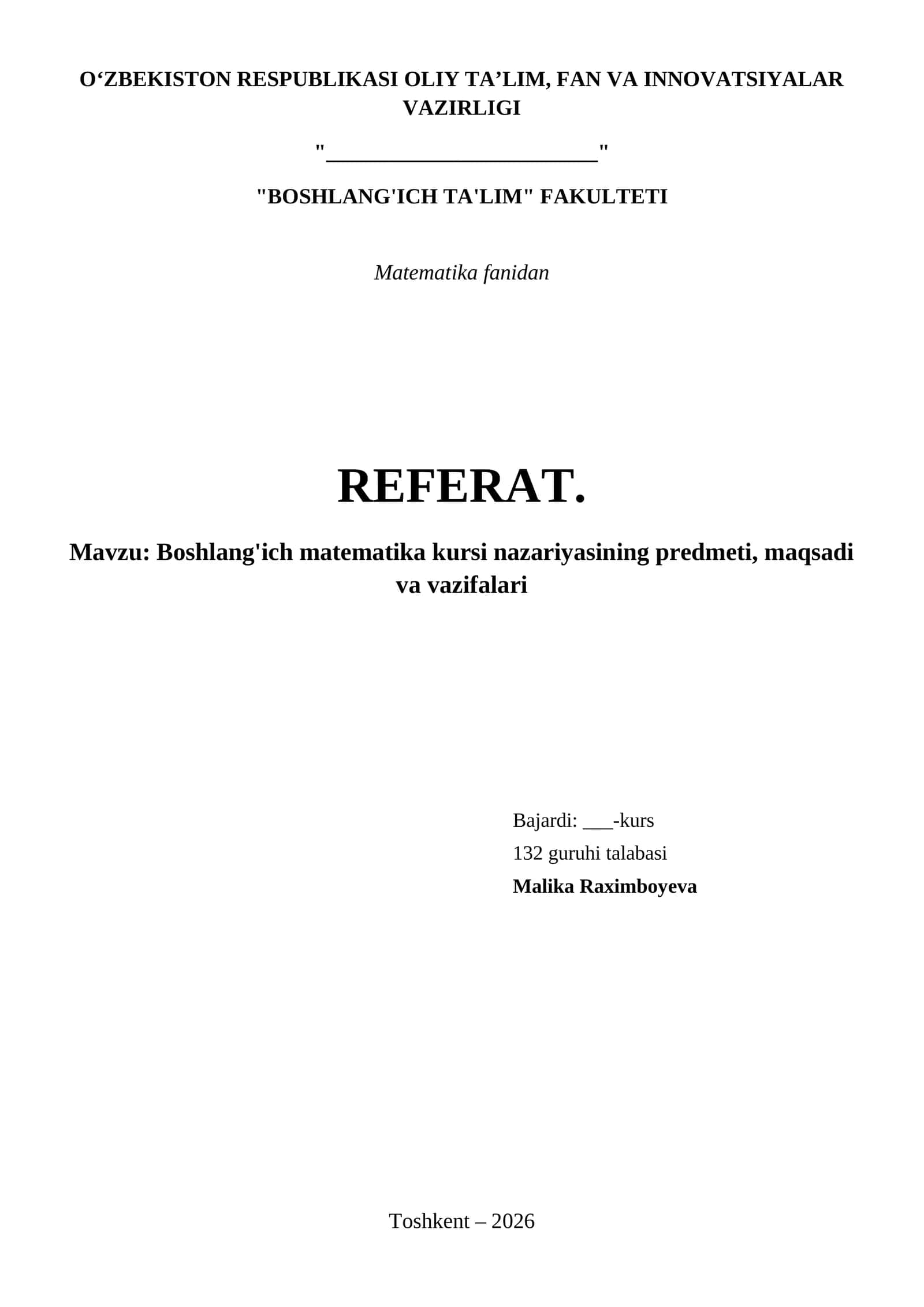 Boshlang'ich matematika kursi nazariyasining predmeti, maqsadi va vazifalari