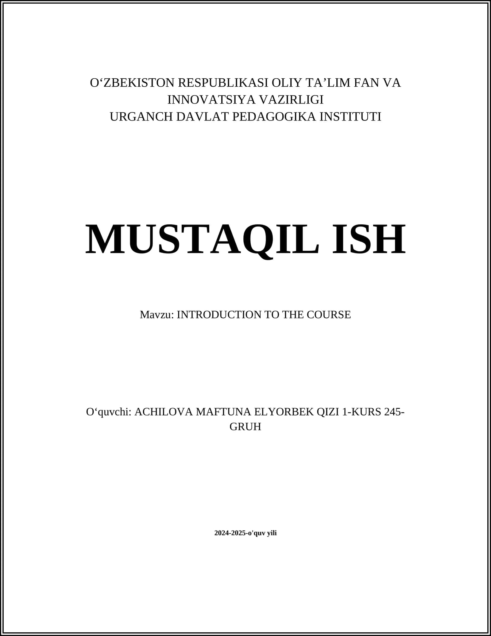 INTRODUCTION TO THE COURSE