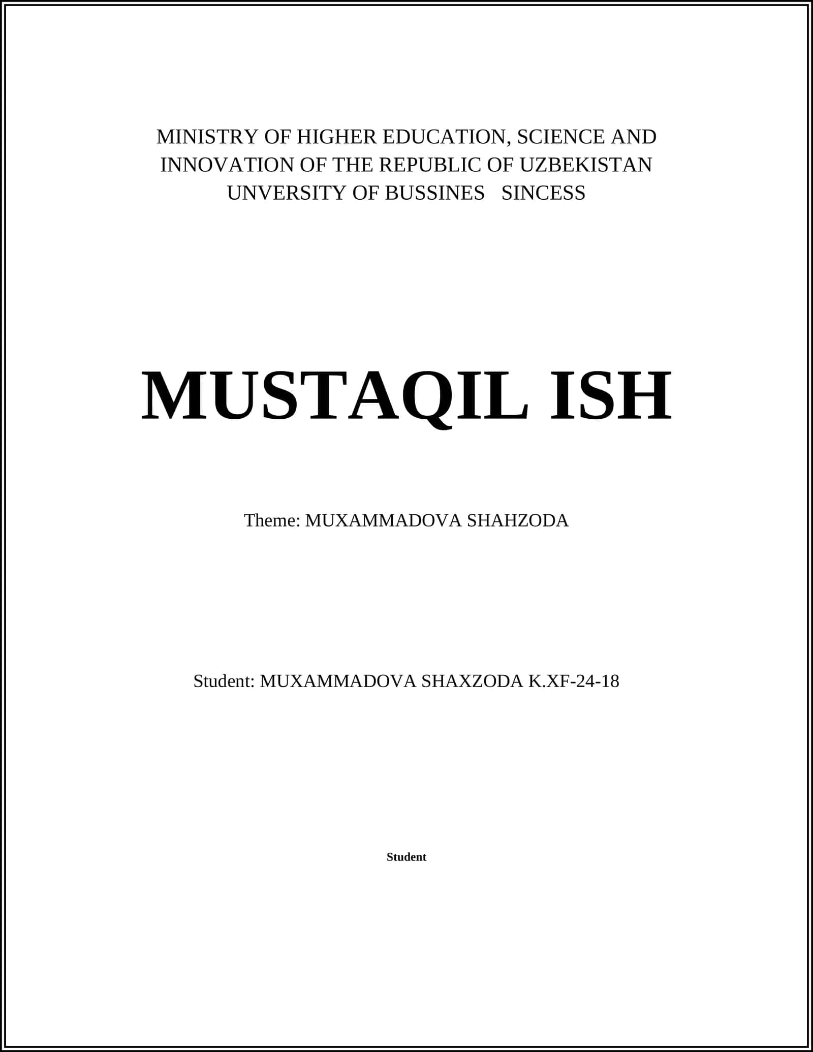 MUXAMMADOVA SHAHZODA