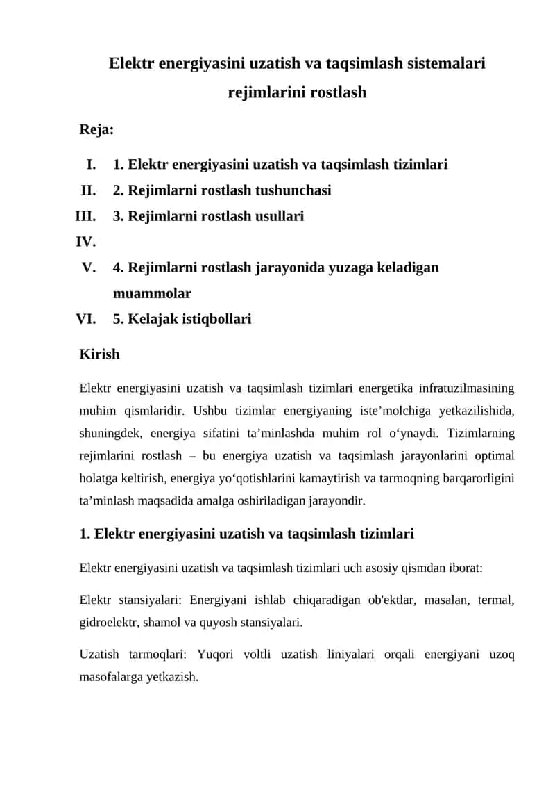Elektr energiyasini uzatish va taqsimlash sistemalari rejimlarini rostlash