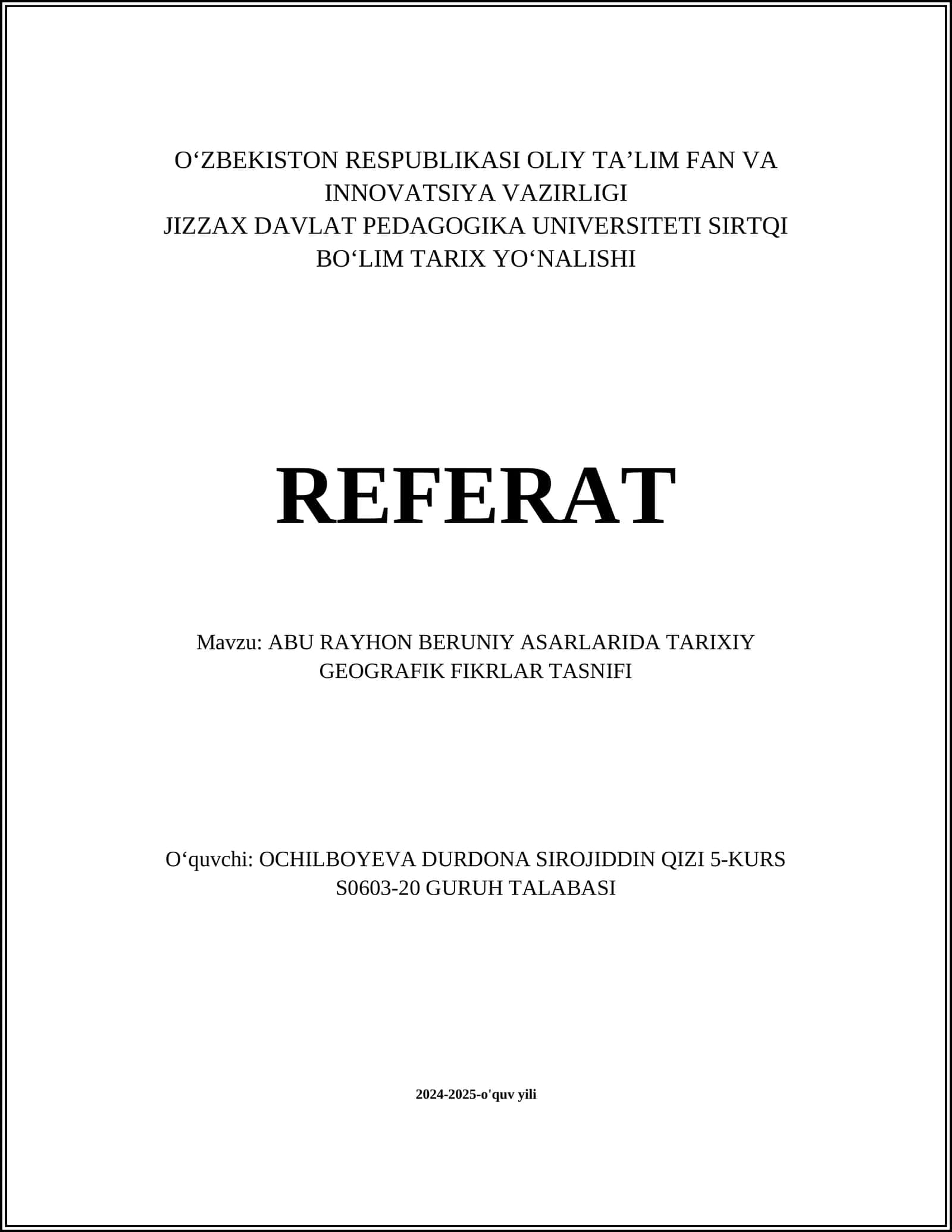 ABU RAYHON BERUNIY ASARLARIDA TARIXIY GEOGRAFIK FIKRLAR TASNIFI