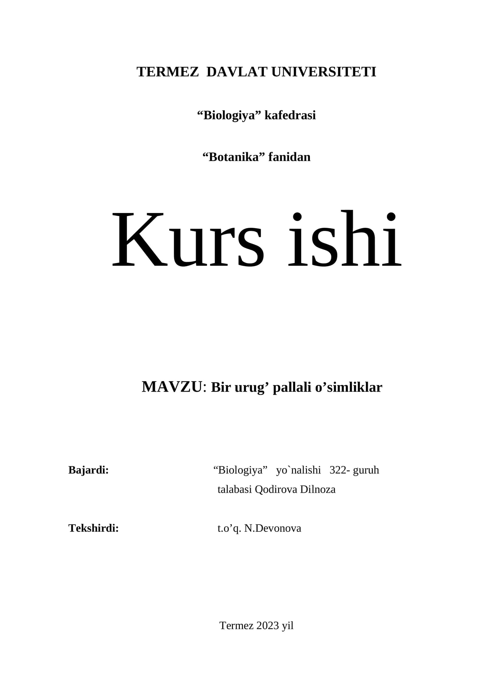 Bir urug’ pallali o’simliklar Kurs ishi