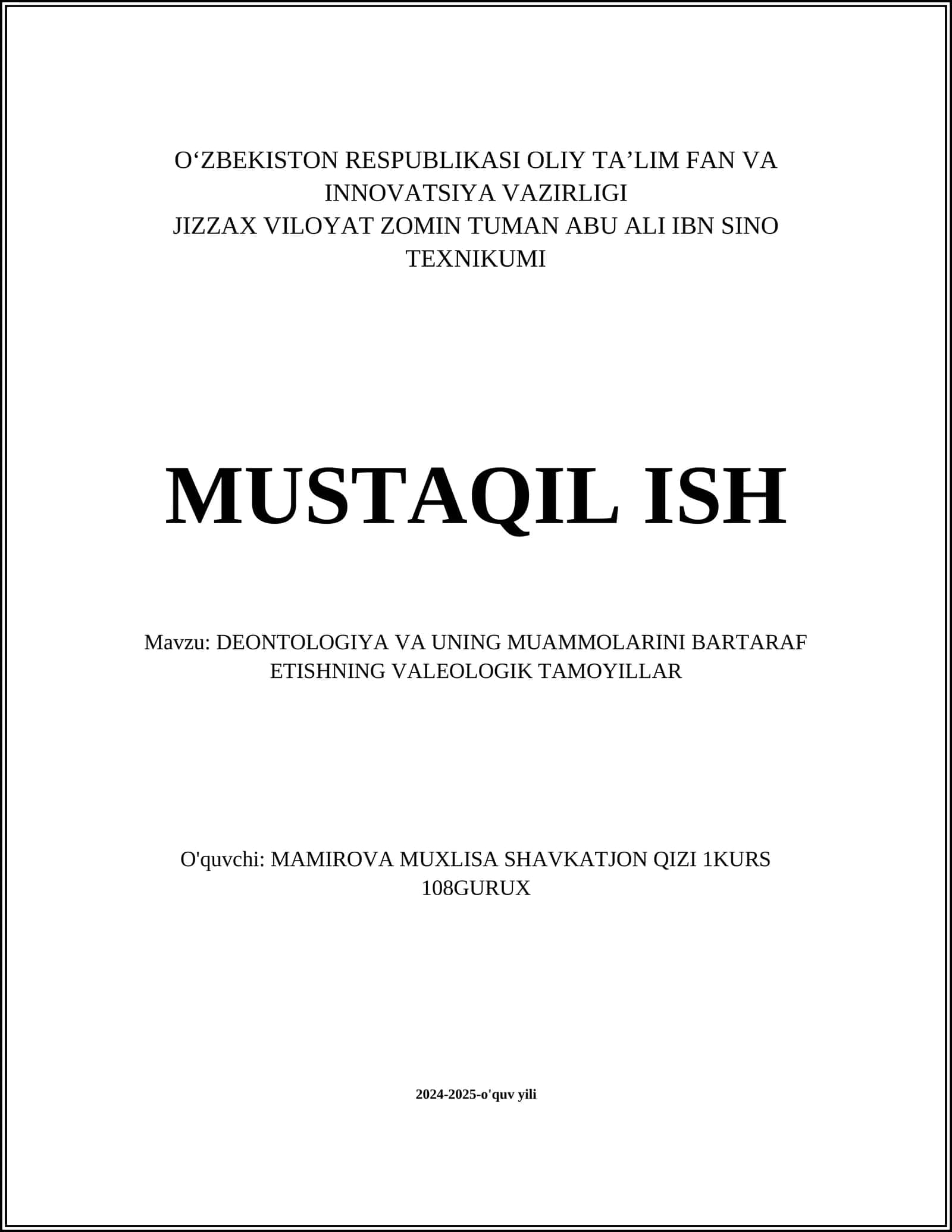 DEONTOLOGIYA VA UNING MUAMMOLARINI BARTARAF ETISHNING VALEOLOGIK TAMOYILLAR