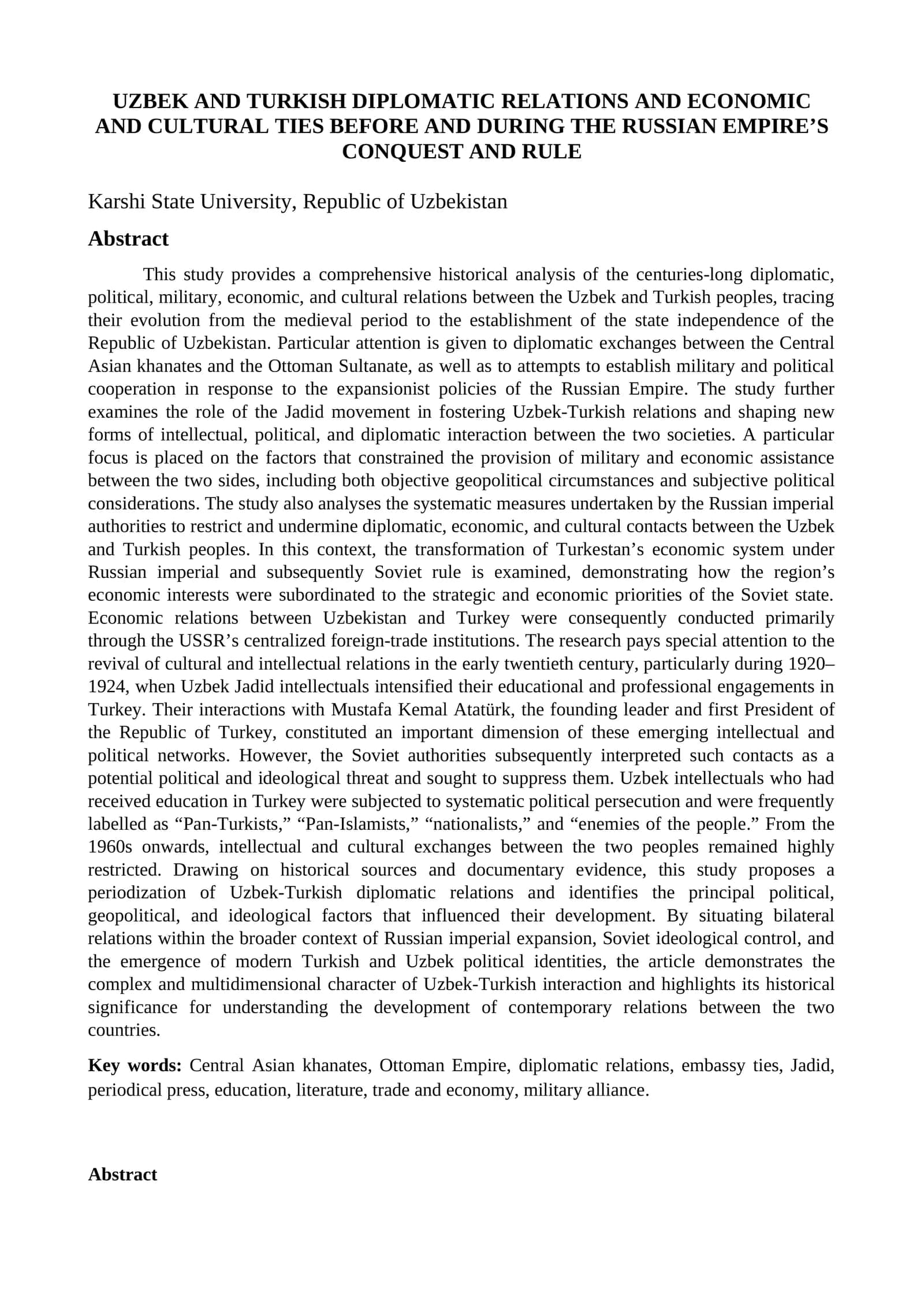UZBEK AND TURKISH DIPLOMATIC RELATIONS AND ECONOMIC AND CULTURAL TIES BEFORE AND DURING THE RUSSIAN EMPIRE’S CONQUEST AND RULE