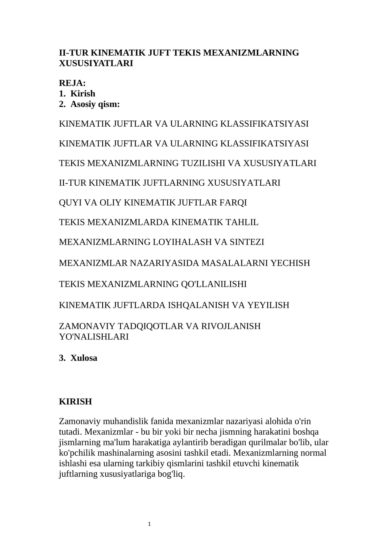 II-TUR KINEMATIK JUFT TEKIS MEXANIZMLARNING XUSUSIYATLARI