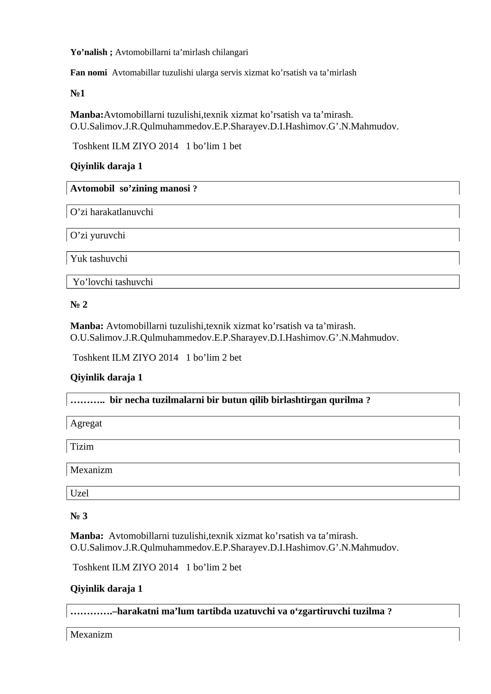 Avtomobillarni ta’mirlash chilangari fanidan testlar