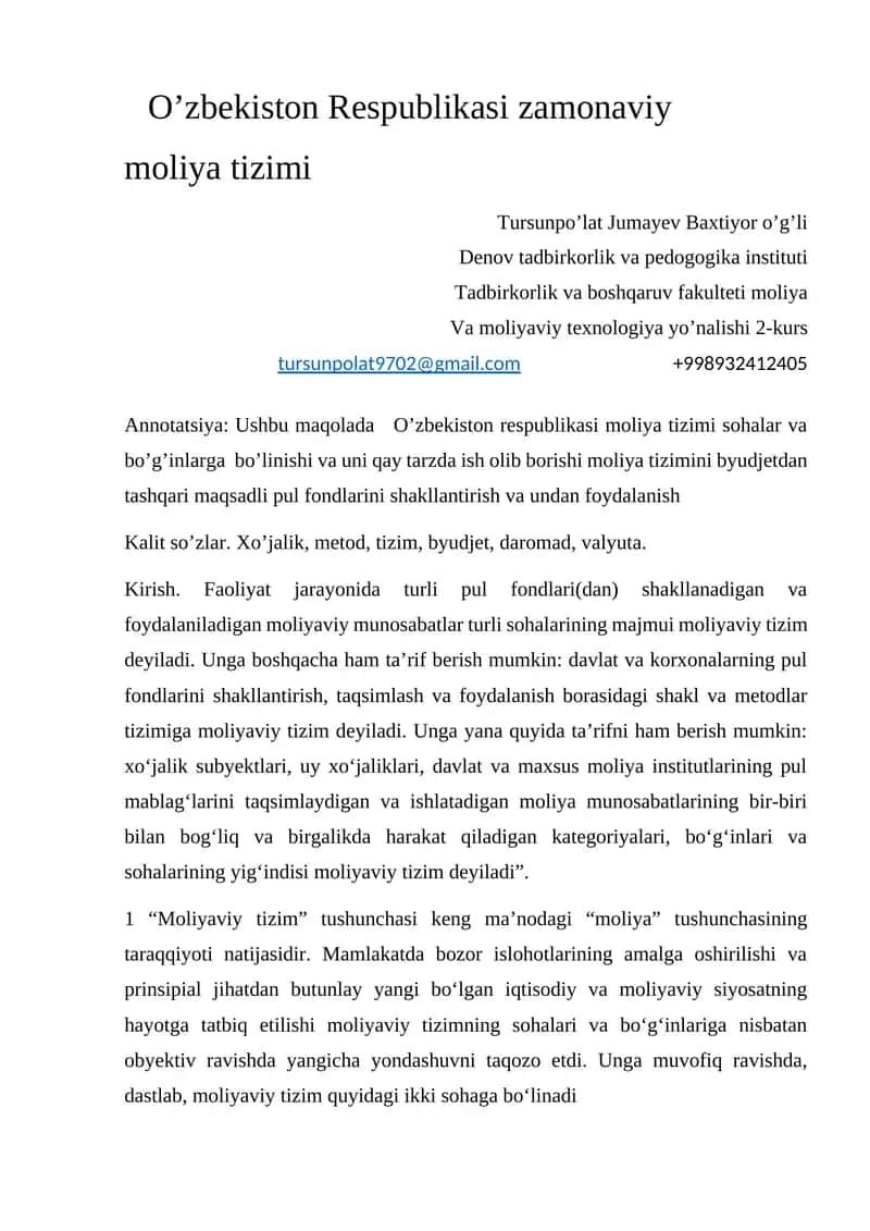O’zbekiston Respublikasi zamonaviy moliya tizimi
