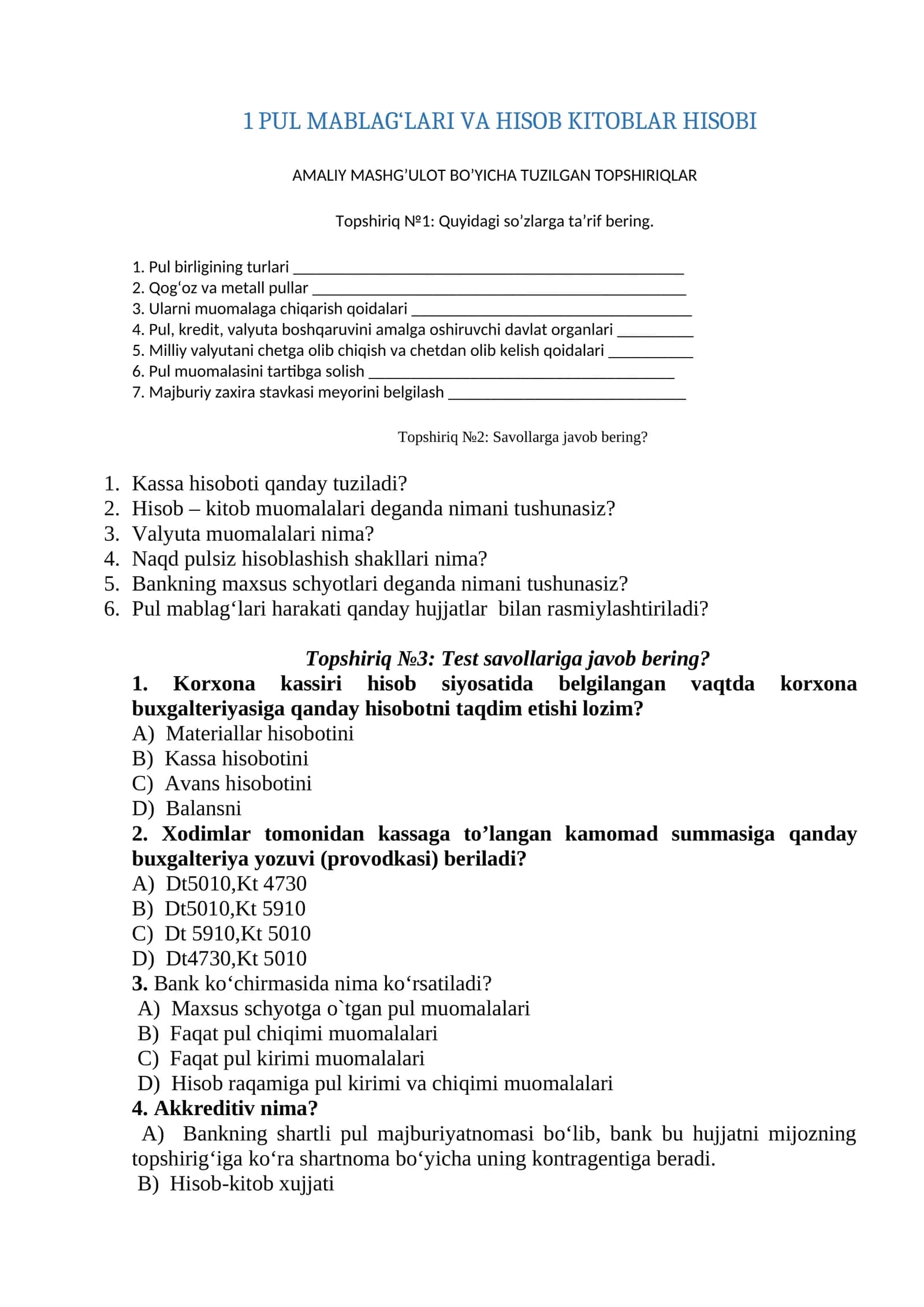 PUL MABLAG‘LARI VA HISOB KITOBLAR HISOBI
