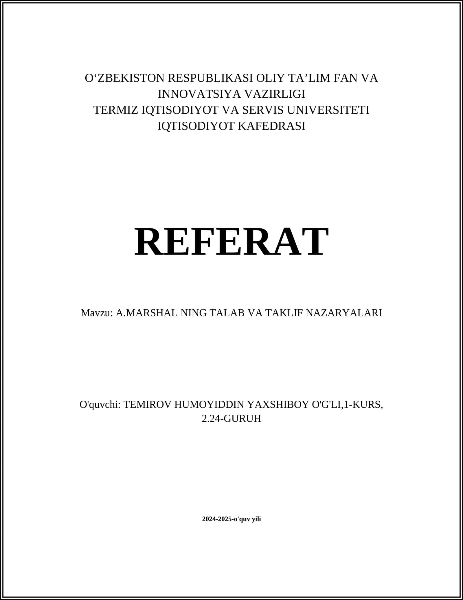 A.MARSHAL NING TALAB VA TAKLIF NAZARYALARI