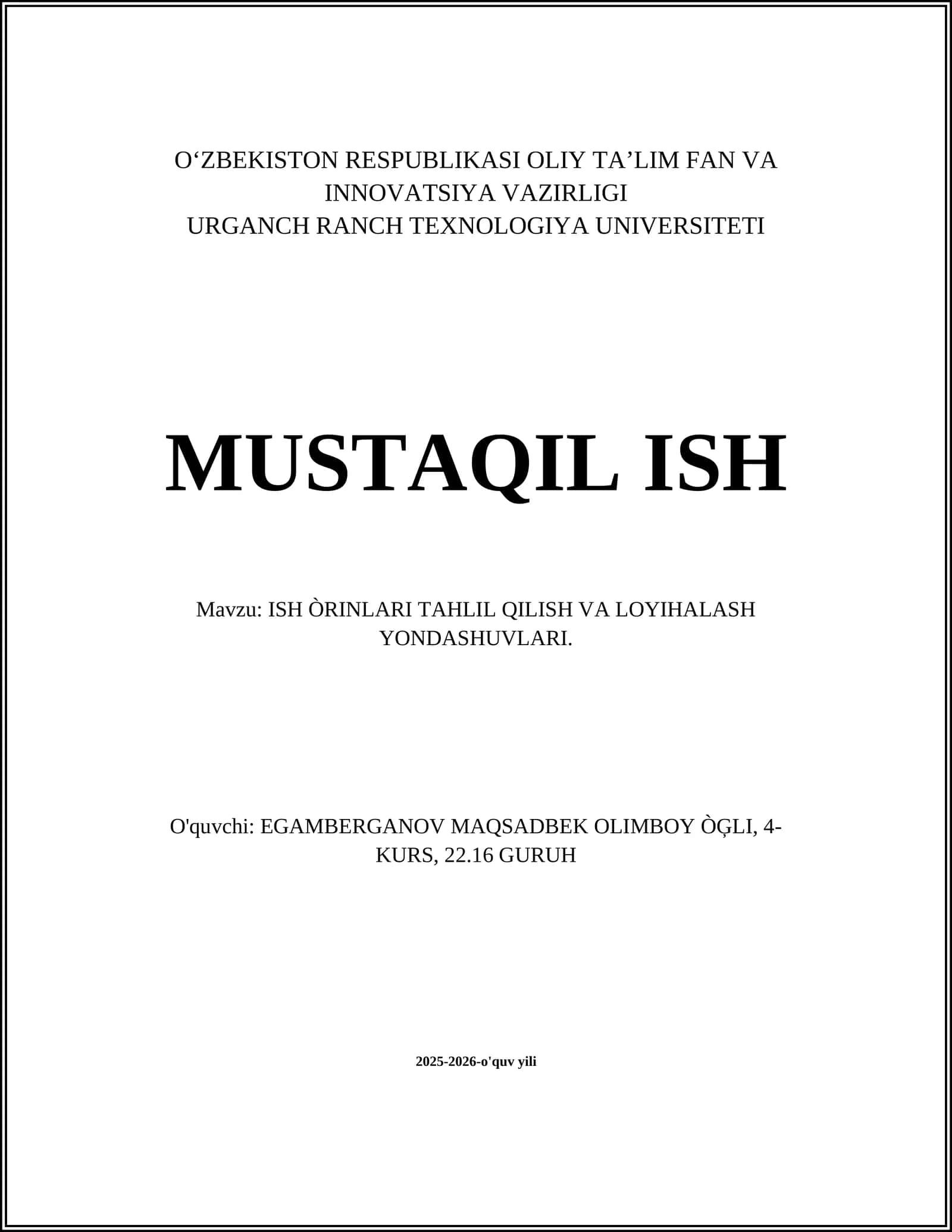 ISH ÒRINLARI TAHLIL QILISH VA LOYIHALASH YONDASHUVLARI