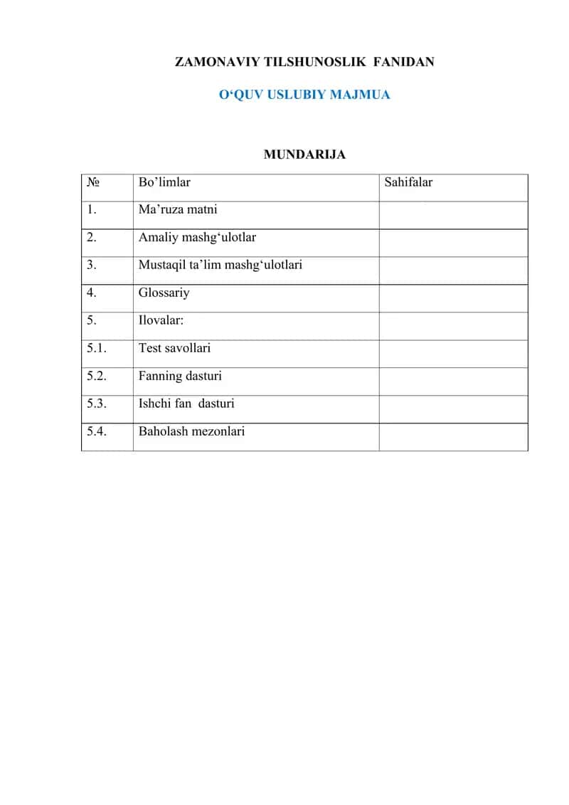 Zamonaviy tilshunoslik fanidan o`quv uslubiy majmua Ingliz tilida.docx