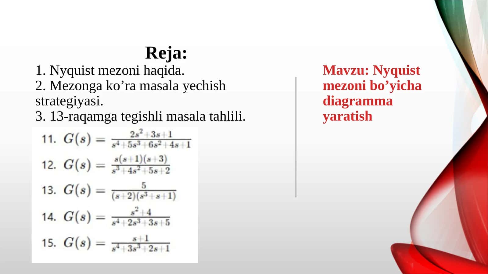 Nyquist mezoni bo’yicha diagramma yaratish