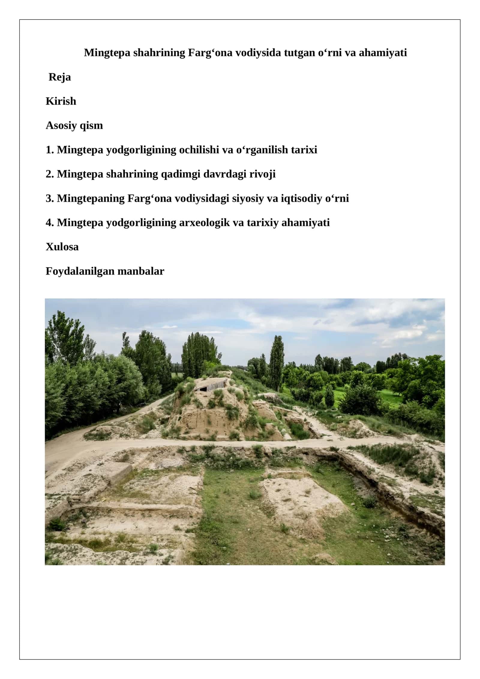 Mingtepa shahrining Farg‘ona vodiysida tutgan o‘rni va ahamiyati