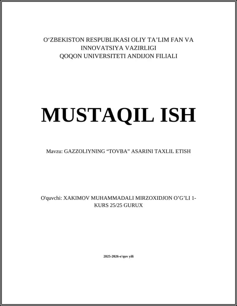 Gazzoliyning “Tovba” asarini taxlil etish