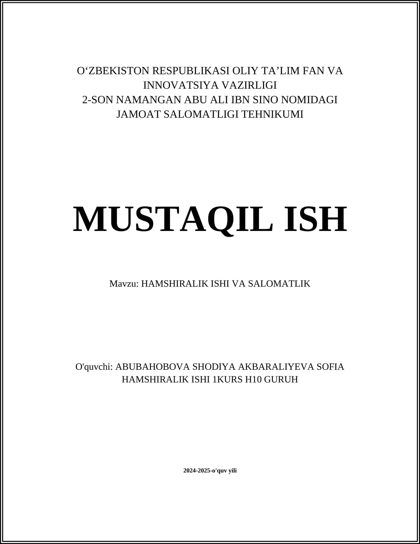 HAMSHIRALIK ISHI VA SALOMATLIK