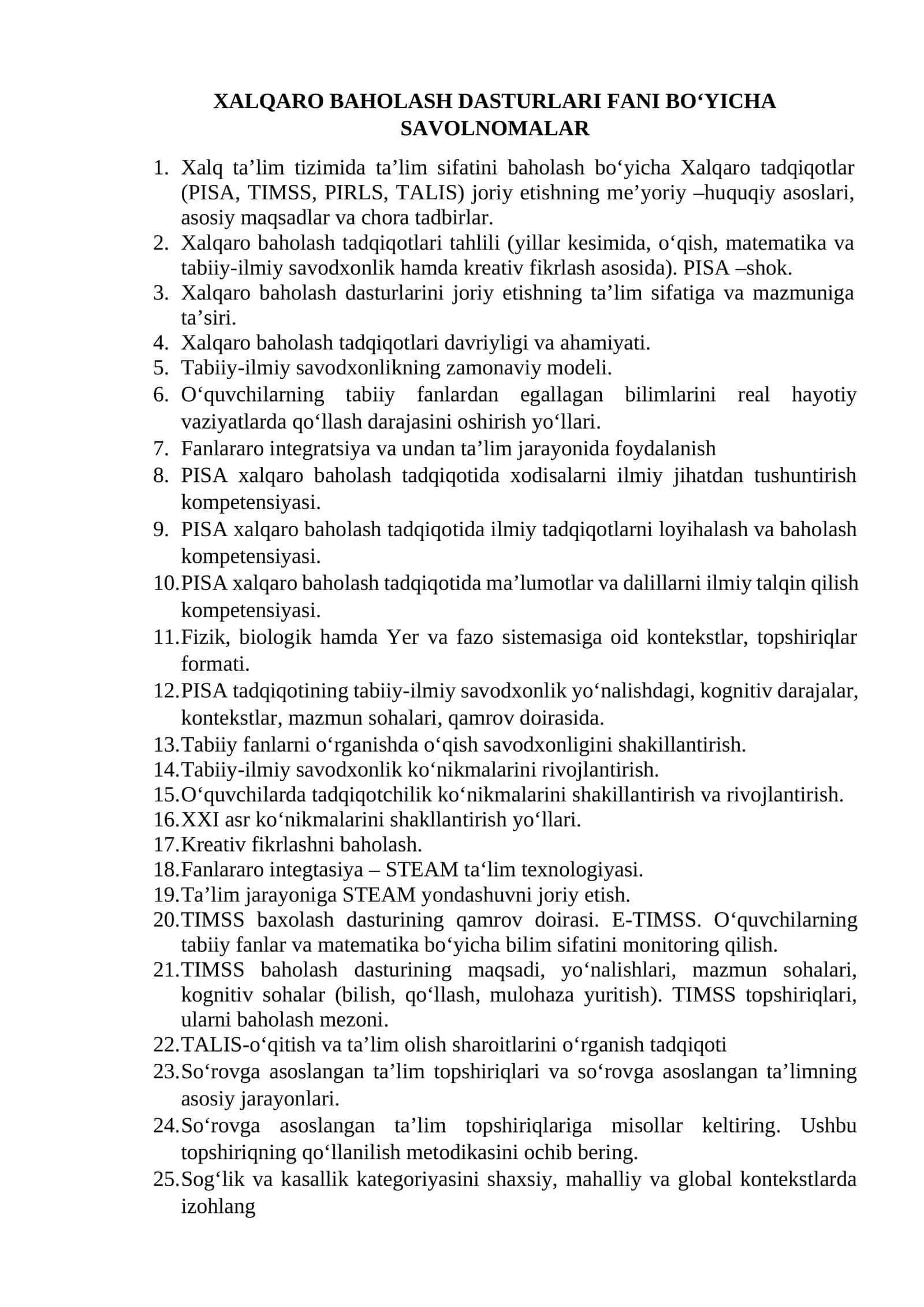 XALQARO BAHOLASH DASTURLARI FANI BO‘YICHA SAVOLNOMALAR